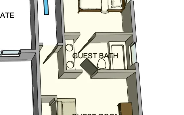 Floor plan showing the guest room and front room joined by the Jack and Jill bath